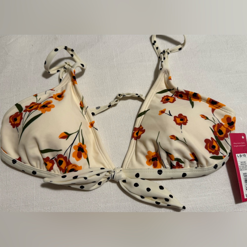 *XHILARATION* Target Cream Bikini Top with Orange Floral and Black Polka Dots L